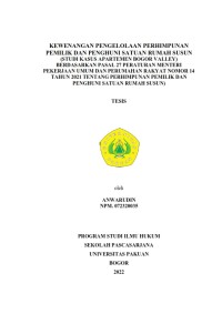 Kewenangan  pengelolaan Perhimpunan Pemilik dan penghuni satuan Rumah Susun Berdasarkan Pasal 27 Peraturan menteri Pekerjaan Umum dan Peumahan Rakyat Nomor 14 tahun 2021 Tentang perhimpunan Pemilik dan penghuni satuan rumah Susun: studi kasus Apartemen Bogor Valley