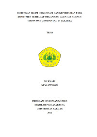 Hubungan Iklim Organisasi dan Kepribadian pada Komitmen terhadap Organisasi Agen AIA Agency Vision One Group (VOG) di Jakarta