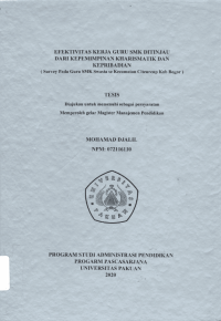 Efektivitas Kerja guru SMK ditinjau dari Kepemimpinan Kharismatik dan Kepribadian: survey pada guru SMK Swasta Se-Kecamatan Citeureup Kab. Bogor